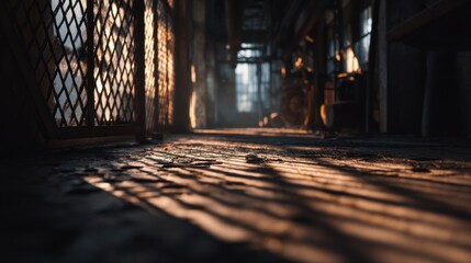 Leinwandbilder - Sunlight Streaming Through Grated Window Onto Concrete Floor, Evoking Industrial Grit and Urban Decay, Suitable for Architectural Design and Renovation Projects : Generative AI