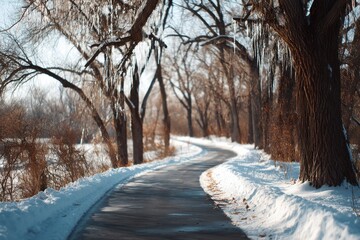 Poster - Winter Road With Snow and Icicles, Representing Serenity and a Peaceful Escape, Ideal for Seasonal Marketing Campaigns or Travel Blog Content : Generative AI