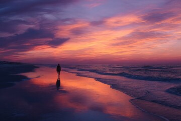 Aufkleber - Silhouette of Person Walking on Beach at Sunset, Evoking Serenity and Solitude for Mental Wellness Campaigns : Generative AI