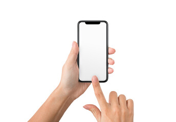 Fototapete - Female hand using blank touchscreen of frameless smartphone, isolated on white background, mockup