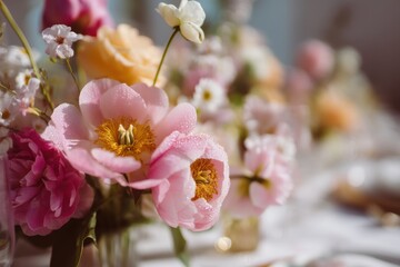 Poster - Close-Up of Pink Peonies With Water Droplets, Symbolizing Beauty and Celebration for Special Occasions Like Weddings and Anniversaries : Generative AI