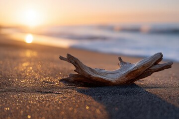 Aufkleber - Driftwood on Beach at Sunset, Evoking Serenity and Coastal Tourism, Ideal for Travel and Summer Promotion : Generative AI
