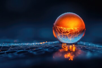 Wall Mural - A dew-covered orb reflects a spiderweb, illuminated with warm light, creating a mesmerizing macro photograph.