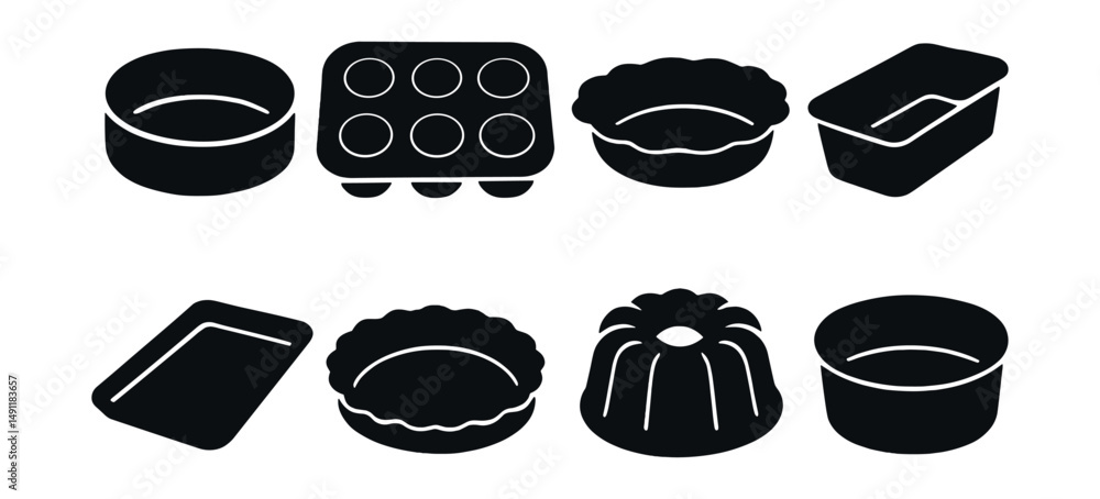 Solid style icons of bakeware: cake pan, muffin tin, pie dish, loaf pan ...