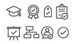 © Olha - Line style icons of course completion: graduation cap icon, finished course badge, course certificate tag, passed exam file, training completion board, course curriculum chart, certified learner