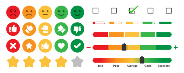 Poster - Feedback and Rating emoji elements set for customer satisfaction product reviews interface vector collection. Rating emoji with slider set.