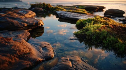 Poster - Tide Pools Reflecting Sky at Sunset, Showcasing Coastal Serenity and Environmental Awareness for Travel and Tourism : Generative AI