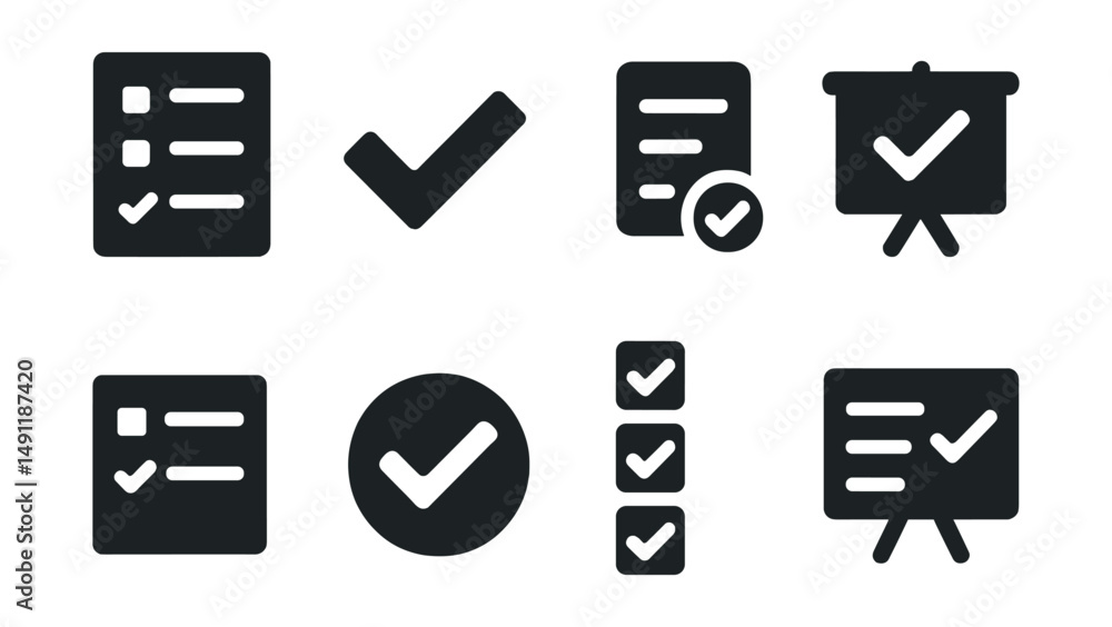 Solid style icons of task and checklist items: checklist icon, checked ...