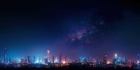 Fototapete - City Skyline Illuminated at Night Under Starry Sky, Representing Urban Development and Technological Advancement With a Futuristic Vision : Generative AI