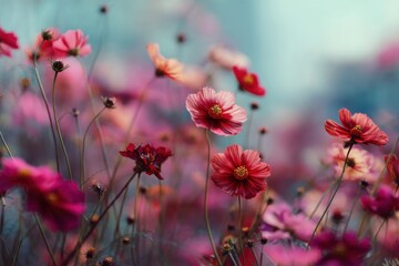 Aufkleber - Field of Pink Cosmos Flowers in Bloom, Evoking Natural Beauty and Springtime Renewal for Floral Design Projects : Generative AI