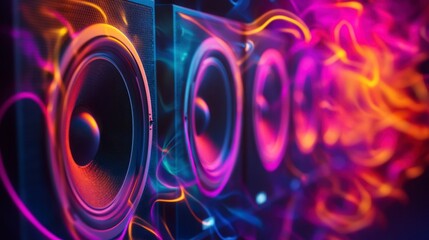 Poster - Neon-lit speakers with vibrant, swirling light effects.