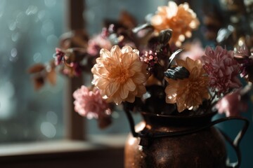 Poster - Floral Arrangement in Copper Vase by Window, Evoking Comfort and Home Decor Inspiration : Generative AI