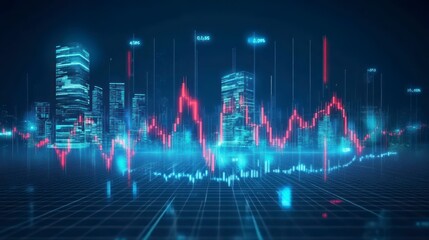 Poster - Futuristic cityscape with dynamic stock market graph overlay.