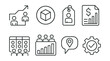 © VideoHub - Line style icons of resource management in dashboards: resource allocation icon, available assets badge, task assignment tag, budget tracking file, team capacity board, project resource chart,