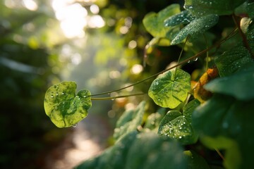 Aufkleber - Morning Dew Drops on Green Leaves, Symbolizing Freshness and Environmental Sustainability for Eco-Friendly Products and Natural Wellness : Generative AI