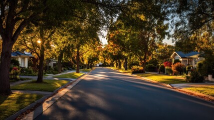 Aufkleber - Quiet Suburban Street at Sunset With Golden Light, Representing Peaceful Living and Community Development Opportunities in Real Estate : Generative AI