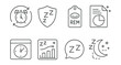 © VideoHub - Line style icons of sleep trackers: sleep duration icon, deep sleep badge, REM cycle tag, sleep quality file, wake-up time board, night rest chart, bedtime reminder bubble, sleep pattern symbol.