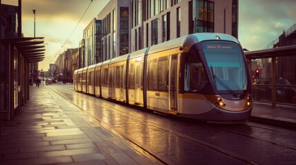 Aufkleber - Modern Tram on City Street at Sunset, Showcasing Urban Transportation and Infrastructure Development, Ideal for Travel and Tourism Campaigns : Generative AI