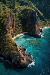 Poster - Aerial View of Tropical Island Cove With Turquoise Water, Promoting Ecotourism and Sustainable Travel Destinations : Generative AI