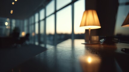 Aufkleber - Desk Lamps Illuminating Modern Office Space at Sunset, Symbolizing Workplace Comfort and Corporate Ambition : Generative AI