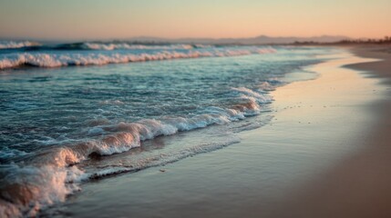 Poster - Gentle Waves Lapping on Sandy Beach at Sunset, Evoking Tranquility and Summer Vacation Memories : Generative AI