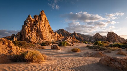 Poster - Desert Landscape With Jagged Rock Formations at Sunset, Illustrating Natural Beauty and Environmental Conservation Efforts : Generative AI