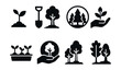 © VideoHub - Solid style icons of tree planting and forest care: sapling icon, shovel and tree, reforestation badge, planted hand, seedling tray, tree protection icon, forest growth, native species icon.