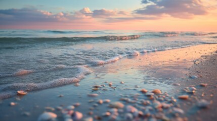 Poster - Gentle Waves Washing Over Shell-Strewn Beach at Sunset, Evoking Tranquility and Coastal Getaways for Travel and Tourism Marketing : Generative AI