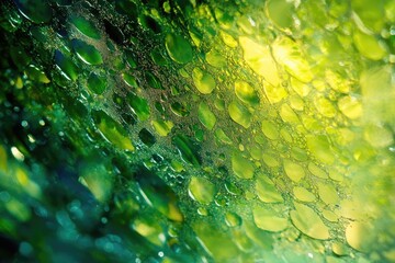Wall Mural - Abstract close-up of vibrant green and yellow oil bubbles forming intricate patterns.
