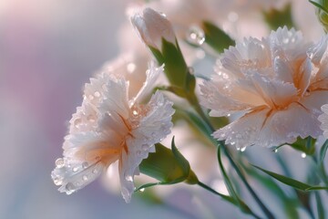 Poster - Close-Up of Carnation Flowers with Water Droplets, Symbolizing Purity and New Beginnings for Floral Design and Mother's Day Celebrations : Generative AI