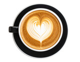 A cup of coffee with latte art in the shape of a heart, top view angle isolated on a transparent background