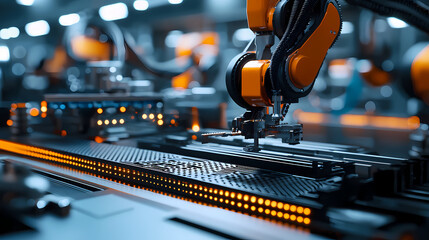 a robotic arm assembles electronic components with precision in a high-tech, automated manufacturing