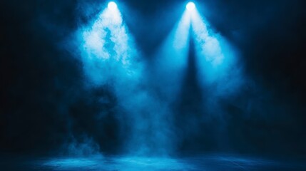 Aufkleber - Two bright blue spotlights illuminate a smoky, dark stage.