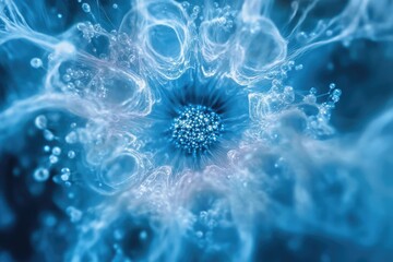 Abstract blue flower with swirling patterns and glowing center, resembling a cosmic nebula or microscopic view.
