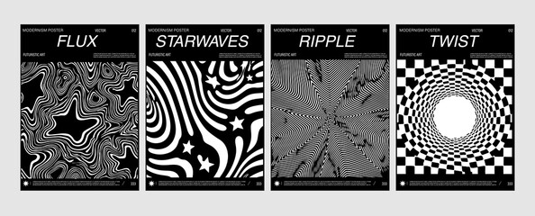 Poster - Set of four modern posters with black and white abstract line art, creating optical illusions, waves, star and vortex patterns ideal for futuristic and contemporary design.