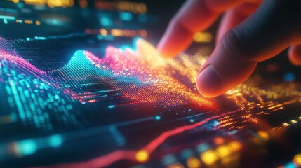 Leinwandbilder - Hand interacts with vibrant, dynamic 3D data visualization on a digital screen, showcasing technological advancement and data analysis.