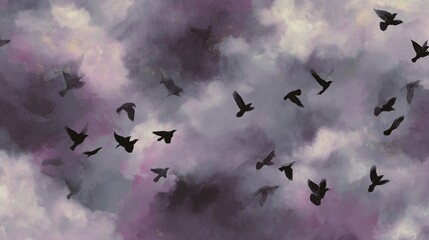 Wall Mural - several black birds soaring through a cloudy purple sky, creating a dramatic and evocative atmospher