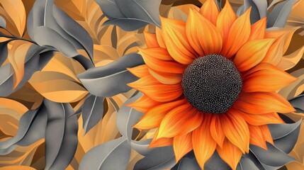Aufkleber - Vibrant orange sunflower blossoms amongst grey-gold foliage.