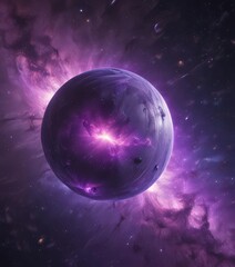 Wall Mural - Glowing orb floats in purple nebula, cosmic dust swirls , stars, celestial, universe
