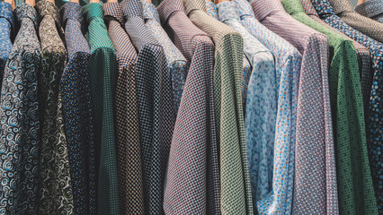 Poster - A row of clothes with different patterns and colors. The clothes are hanging on a rack.