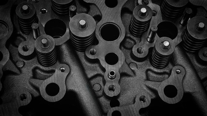 Aufkleber - Dark black close-up of engine valve springs. springs are black and shiny. mage has an industrial and mechanical mood, service repair car concept background