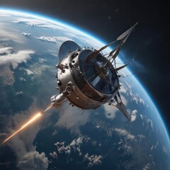 Wall Mural - high-tech satellite orbiting earth, internet antenna visible, global, connection, night
