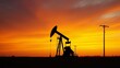© ANDREY PROFOTO - Silhouetted oil pumpjack against a dramatic sunset sky with power lines and industrial landscape