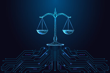 AI ethics, Digital law, justice technology concept with glowing balance scale, vector illustration