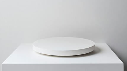Aufkleber - Minimalist white round platform on a square white base against a white wall.