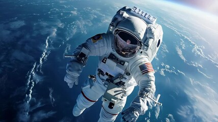 Wall Mural - Spacesuited astronaut floating weightlessly during extravehicular mission, drifting against panoramic Earth backdrop revealing planetary curvature and oceanic expanses