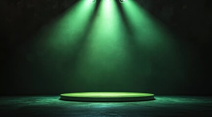Wall Mural - a circular platform is centrally illuminated by three green spotlights against a dark, textured back