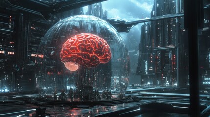 Aufkleber - Glowing red brain inside a glass dome in a futuristic city, surrounded by people.