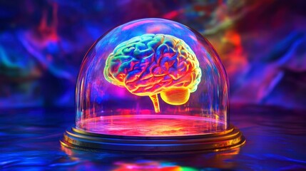 Aufkleber - Vibrant human brain model under a glass dome, illuminated with colorful lights.