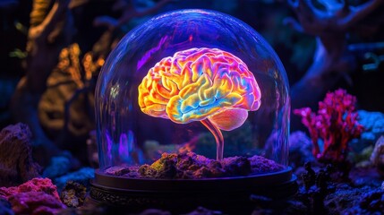Aufkleber - Illuminated brain model inside glass dome, vibrant colors, underwater scene.